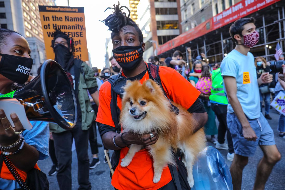 A reveler holds a dog in midtown